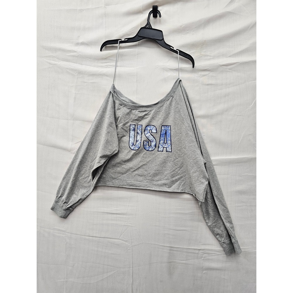 JoyLab Womens USA Graphic Cropped Pullover Grey Cotton Blend Casual Size Medium